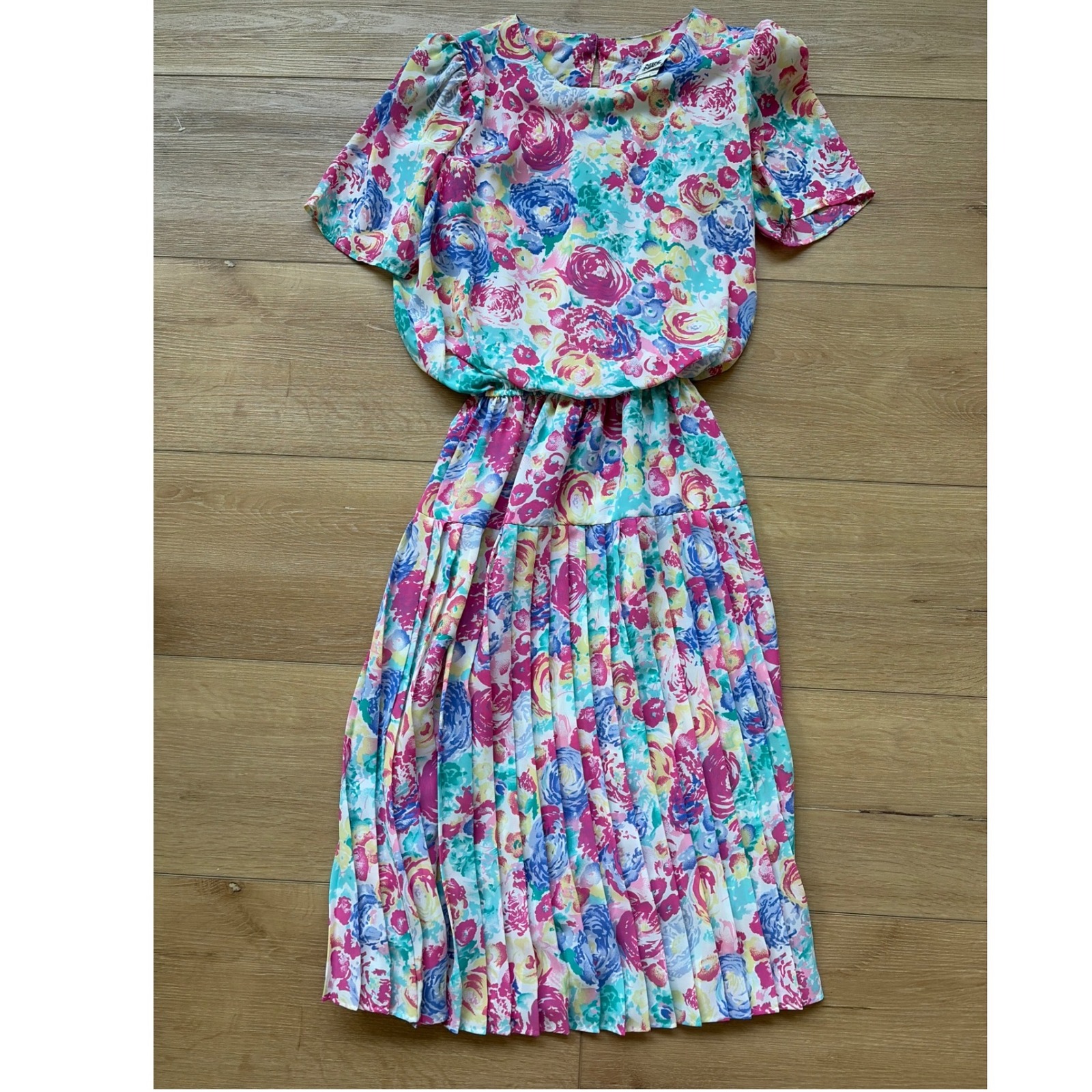 Vintage Miss Oops California Floral Pleated Midi Dress Pink Blue Size 8 80s
